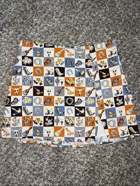 Urban Outfitters CUTE! Western Patchwork Mini Skirt in Rust, Blue & Cream Sz S